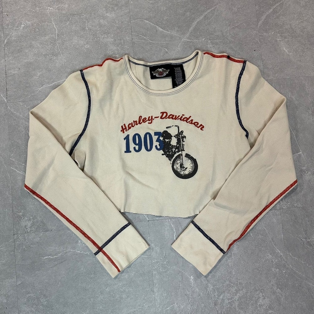 Harley-Davidson Womens Waffle Knit Cropped Long Sleeve Thermal Cream XL 1903